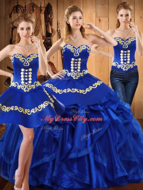 Dramatic Sleeveless Lace Up Floor Length Embroidery and Ruffles Quince Ball Gowns