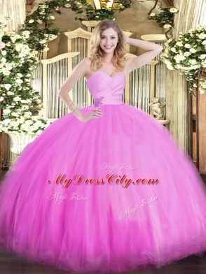 Sleeveless Tulle Floor Length Lace Up Quinceanera Dress in Fuchsia with Beading