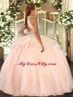 Luxury Sleeveless Tulle Floor Length Backless 15th Birthday Dress in Pink with Beading and Ruffles