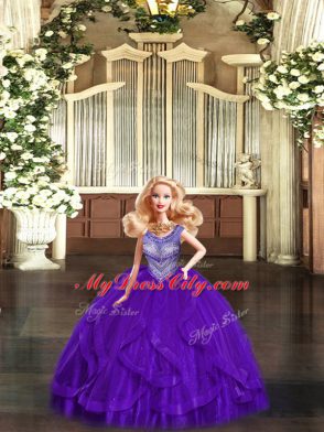 Delicate Floor Length Lace Up Quinceanera Gowns Eggplant Purple for Military Ball and Sweet 16 and Quinceanera with Beading and Ruffles