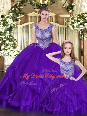 Delicate Floor Length Lace Up Quinceanera Gowns Eggplant Purple for Military Ball and Sweet 16 and Quinceanera with Beading and Ruffles