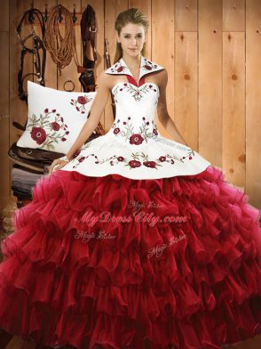 Dazzling Wine Red Lace Up Quinceanera Gowns Embroidery and Ruffled Layers Sleeveless Floor Length