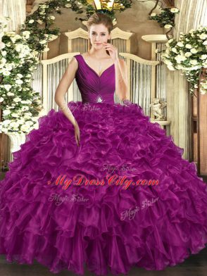 Flirting V-neck Sleeveless Organza Ball Gown Prom Dress Beading and Ruffles Backless