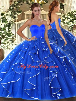 Fancy Floor Length Blue Quinceanera Gown Sweetheart Sleeveless Lace Up