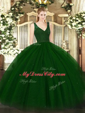 V-neck Sleeveless Backless 15th Birthday Dress Dark Green Tulle