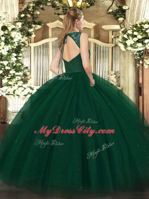 V-neck Sleeveless Backless 15th Birthday Dress Dark Green Tulle