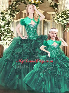 Discount Sleeveless Organza Floor Length Lace Up Quinceanera Dresses in Green with Beading and Ruffles