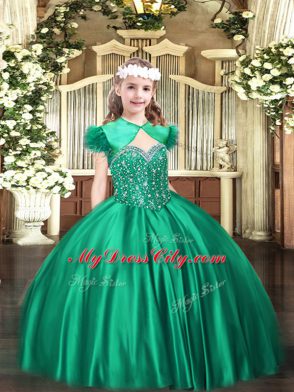 Turquoise Satin Lace Up Straps Sleeveless Floor Length Pageant Dress for Teens Beading