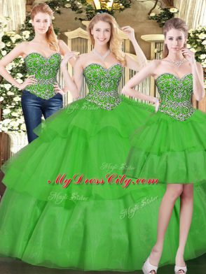 Green Lace Up Vestidos de Quinceanera Beading and Ruffled Layers Sleeveless Floor Length