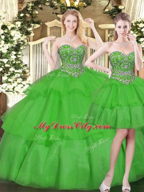 Green Lace Up Vestidos de Quinceanera Beading and Ruffled Layers Sleeveless Floor Length