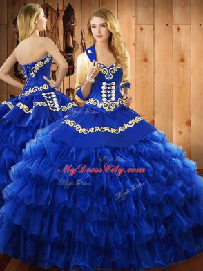 Popular Blue Sleeveless Floor Length Embroidery and Ruffled Layers Lace Up Vestidos de Quinceanera