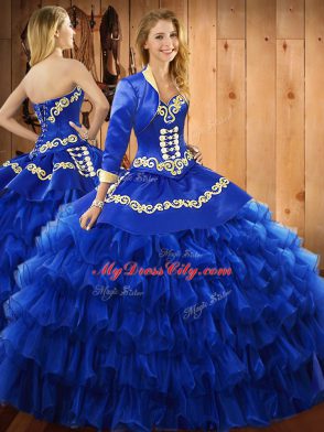 Popular Blue Sleeveless Floor Length Embroidery and Ruffled Layers Lace Up Vestidos de Quinceanera