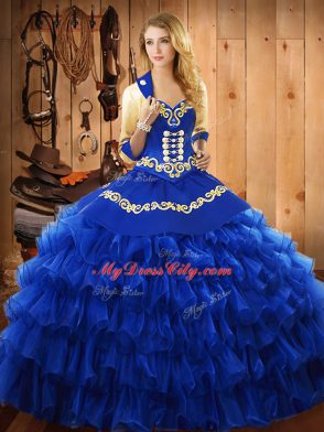 Popular Blue Sleeveless Floor Length Embroidery and Ruffled Layers Lace Up Vestidos de Quinceanera