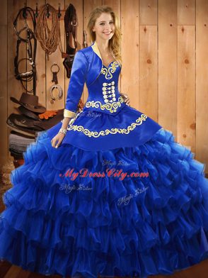 Popular Blue Sleeveless Floor Length Embroidery and Ruffled Layers Lace Up Vestidos de Quinceanera