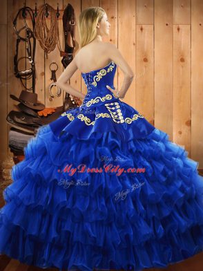 Popular Blue Sleeveless Floor Length Embroidery and Ruffled Layers Lace Up Vestidos de Quinceanera