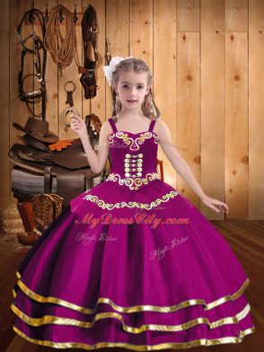 Hot Selling Fuchsia Lace Up Little Girl Pageant Dress Embroidery and Ruffled Layers Sleeveless Floor Length