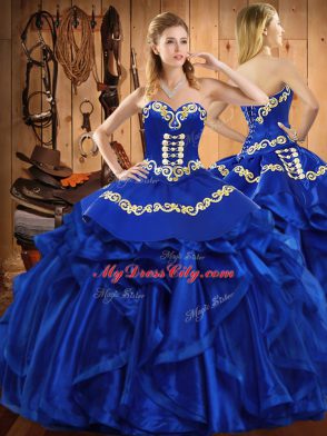 Royal Blue Ball Gowns Organza Sweetheart Sleeveless Embroidery and Ruffles Floor Length Lace Up Quinceanera Gown