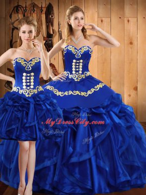 Royal Blue Ball Gowns Organza Sweetheart Sleeveless Embroidery and Ruffles Floor Length Lace Up Quinceanera Gown