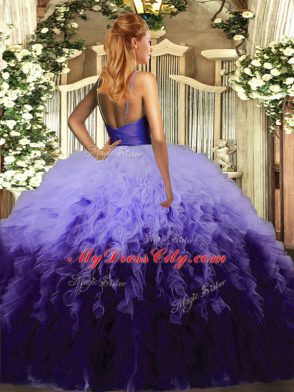 Gorgeous Multi-color Tulle Backless V-neck Sleeveless Floor Length 15 Quinceanera Dress Ruffles