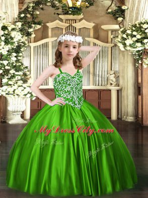 Popular Satin Straps Sleeveless Lace Up Beading Kids Pageant Dress in Green