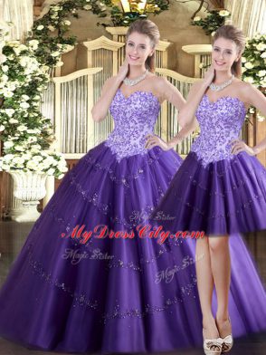 New Arrival Purple Tulle Lace Up Quinceanera Dress Sleeveless Floor Length Beading