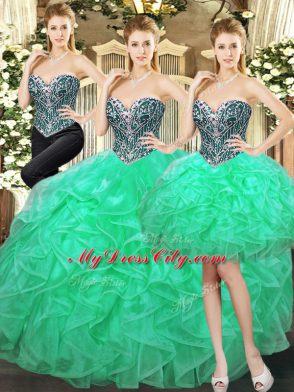 Dynamic Turquoise Sweetheart Neckline Beading and Ruffles Quince Ball Gowns Sleeveless Lace Up