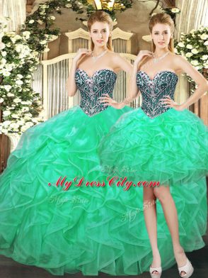 Dynamic Turquoise Sweetheart Neckline Beading and Ruffles Quince Ball Gowns Sleeveless Lace Up