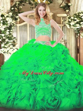 Most Popular Green 15th Birthday Dress Military Ball and Sweet 16 and Quinceanera with Beading and Ruffles High-neck Sleeveless Backless