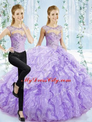 Sleeveless Brush Train Lace Up Beading and Pick Ups 15 Quinceanera Dress