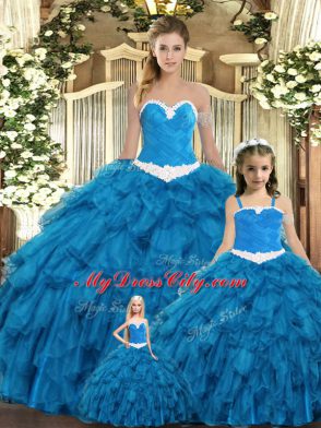 Graceful Sleeveless Tulle Floor Length Lace Up Quinceanera Gown in Teal with Ruffles