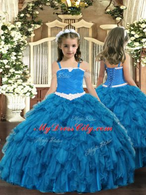 Graceful Sleeveless Tulle Floor Length Lace Up Quinceanera Gown in Teal with Ruffles