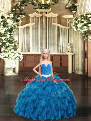 Graceful Sleeveless Tulle Floor Length Lace Up Quinceanera Gown in Teal with Ruffles