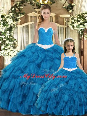 Graceful Sleeveless Tulle Floor Length Lace Up Quinceanera Gown in Teal with Ruffles