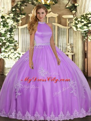 Deluxe Halter Top Sleeveless Backless Sweet 16 Dresses Lilac Tulle