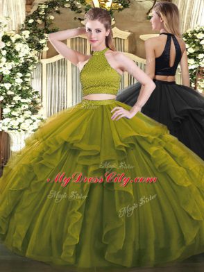 Extravagant Olive Green Organza Backless Halter Top Sleeveless Floor Length Sweet 16 Dresses Beading and Ruffles