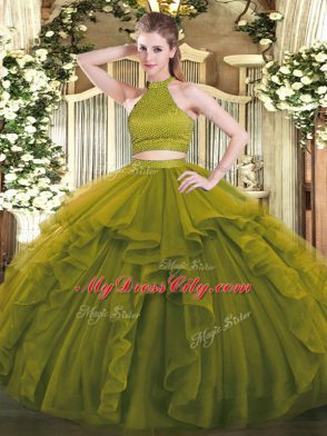 Extravagant Olive Green Organza Backless Halter Top Sleeveless Floor Length Sweet 16 Dresses Beading and Ruffles