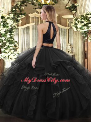 Extravagant Olive Green Organza Backless Halter Top Sleeveless Floor Length Sweet 16 Dresses Beading and Ruffles