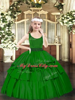 Excellent Dark Green Organza Zipper Little Girls Pageant Dress Sleeveless Floor Length Beading