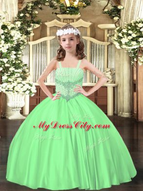 Green Ball Gowns Beading Kids Pageant Dress Lace Up Satin Sleeveless Floor Length