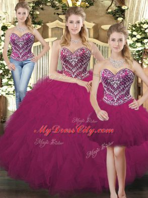 Best Selling Three Pieces Sweet 16 Quinceanera Dress Fuchsia Sweetheart Organza Sleeveless Floor Length Lace Up