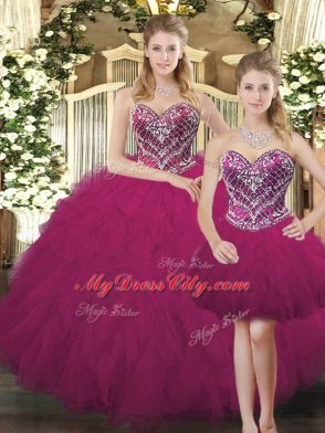 Best Selling Three Pieces Sweet 16 Quinceanera Dress Fuchsia Sweetheart Organza Sleeveless Floor Length Lace Up