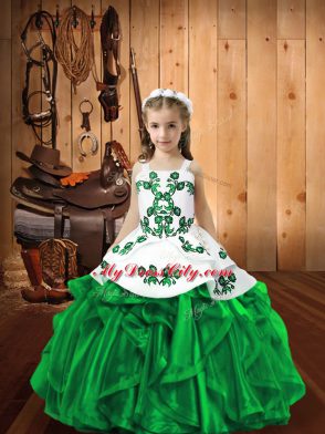 Dark Green Lace Up Straps Embroidery and Ruffles Little Girl Pageant Gowns Organza Sleeveless