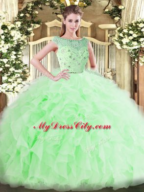 Inexpensive Tulle Sleeveless Floor Length Ball Gown Prom Dress and Beading and Ruffles