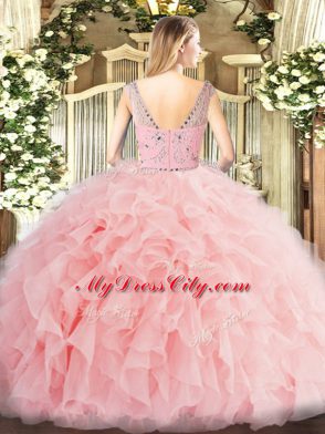 Inexpensive Tulle Sleeveless Floor Length Ball Gown Prom Dress and Beading and Ruffles