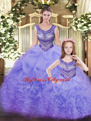 Flare Lavender Quinceanera Gowns Military Ball and Sweet 16 and Quinceanera with Beading and Ruffles Scoop Sleeveless Lace Up