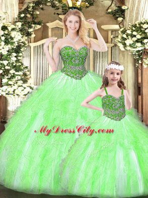 Sleeveless Organza Floor Length Lace Up Quinceanera Gowns in with Beading and Ruffles