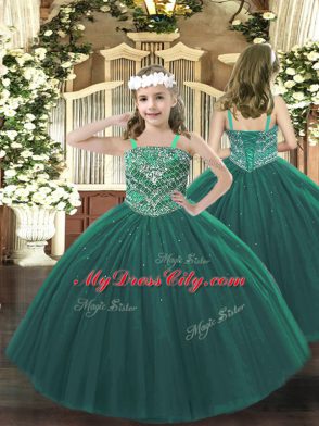 Sleeveless Tulle Floor Length Lace Up Quince Ball Gowns in Dark Green with Beading