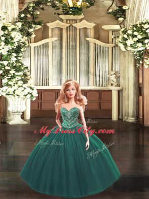 Sleeveless Tulle Floor Length Lace Up Quince Ball Gowns in Dark Green with Beading