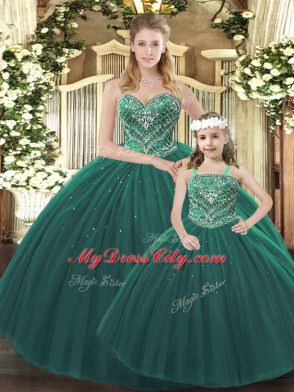 Sleeveless Tulle Floor Length Lace Up Quince Ball Gowns in Dark Green with Beading