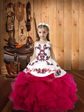 Adorable Embroidery and Ruffles Little Girls Pageant Dress Fuchsia Lace Up Sleeveless Floor Length